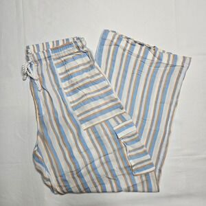 Roxy Womens Ocean Side Striped Cargo Wide Leg Beach Pants Blue Tan White Size L